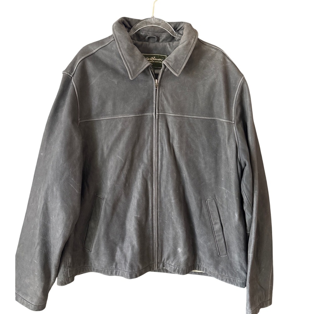 Vintage Eddie Bauer Mens Tall 3XL Gray Distressed Full Zip Leather Jacket Lined